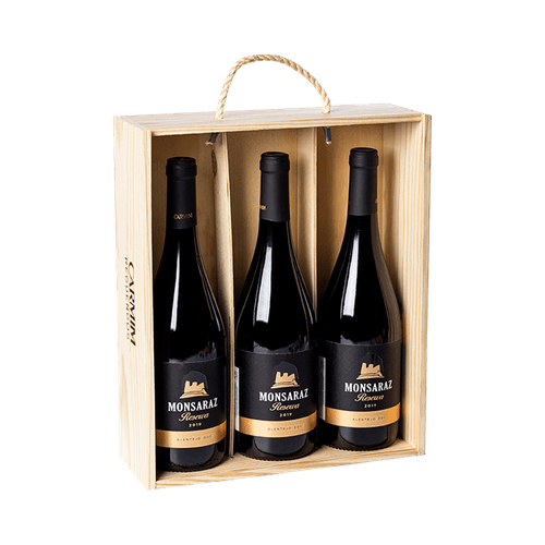 Kit Vinho Tinto Português Carmim Monsaraz Reserva com 3 garrafas 750 ml em caixa de madeira